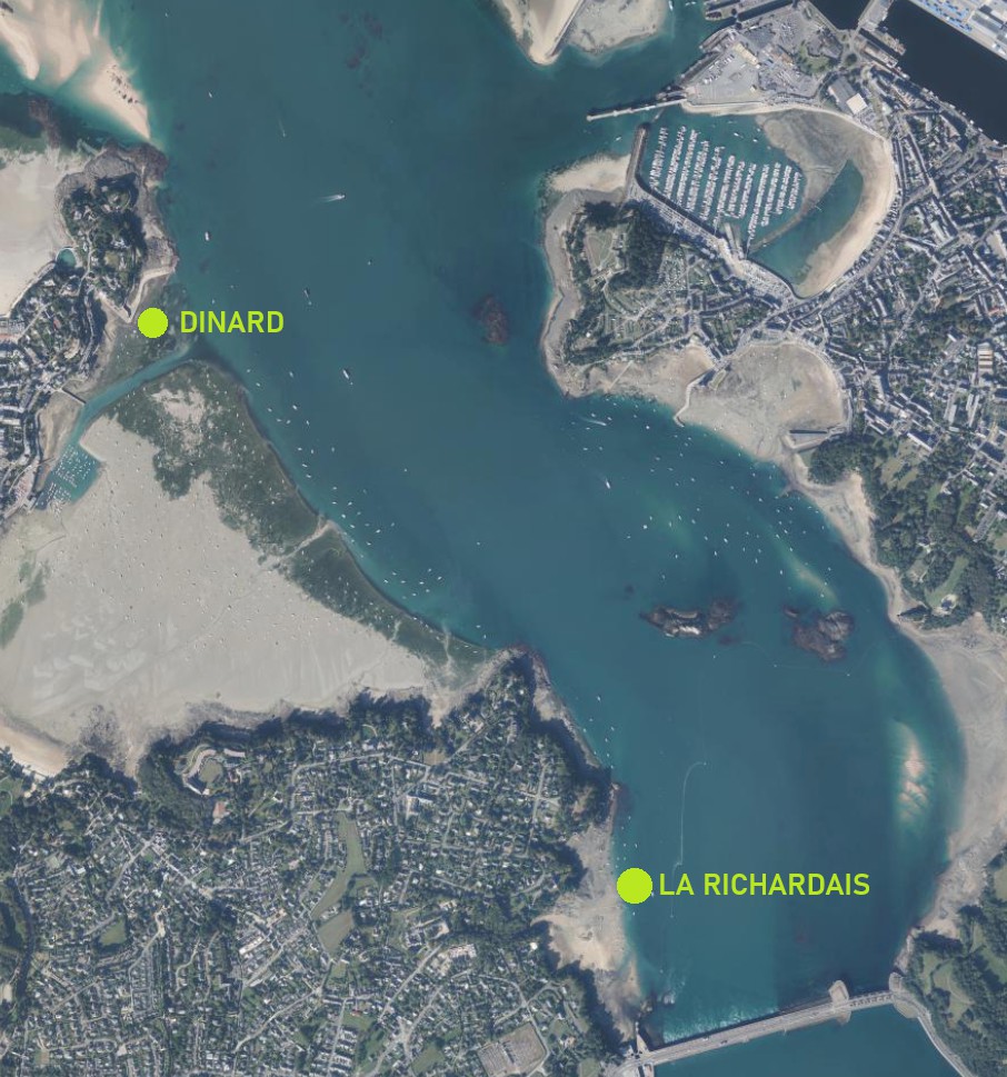 Vue aérienne de l'estuaire de la Rance entre Dinard et La Richardais, zone de pêche d'AR-SELKIE.