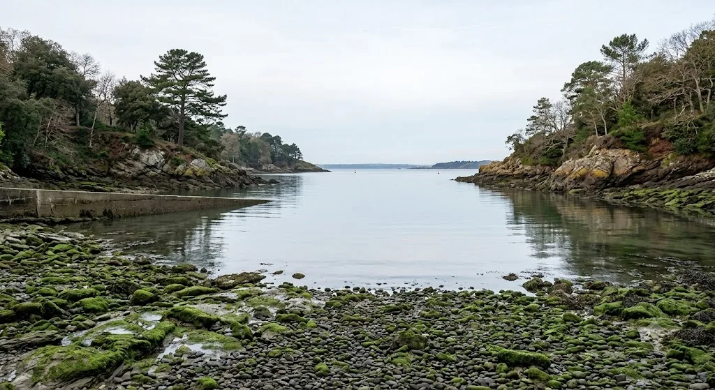 Le port du Pissot à La Richardais, à l'embouchure de l'estuaire de la Rance en baie de Saint-Malo, à marée basse.